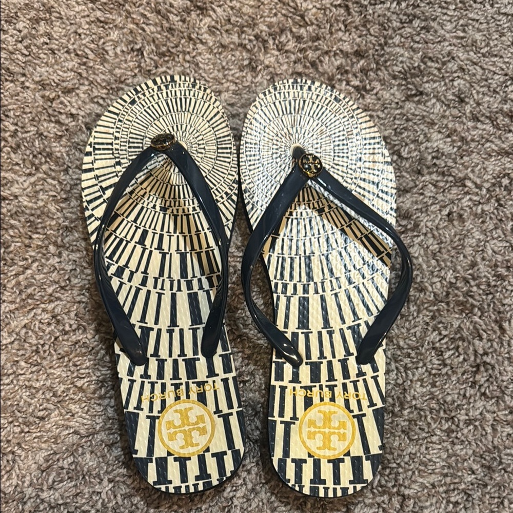 Tory Burch Blue and Gold Flip Flops
